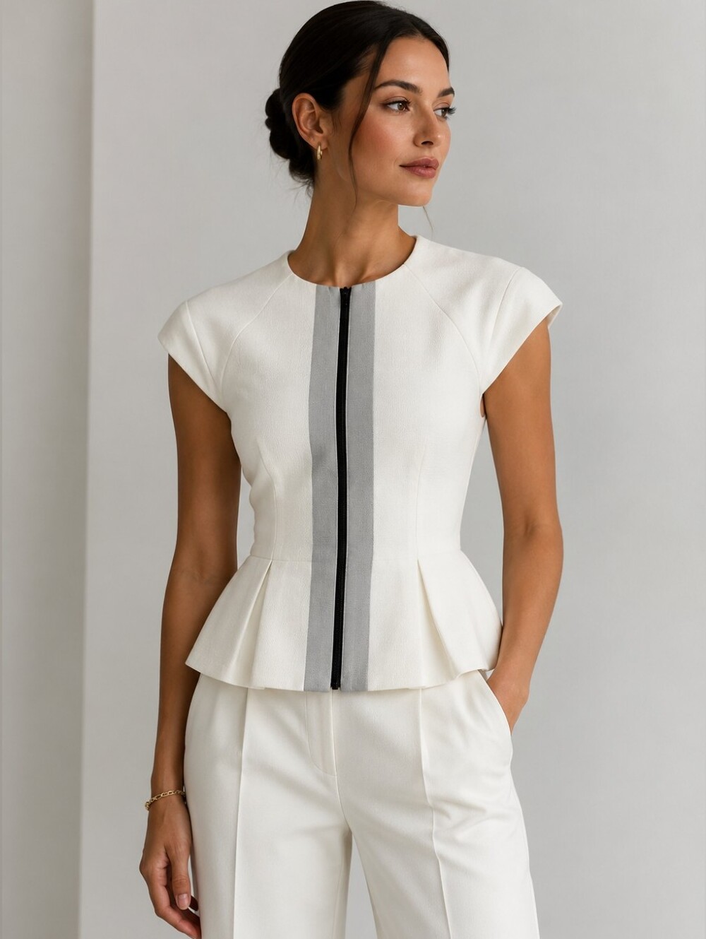 CUE White Tailored Top with Gray Center Panel